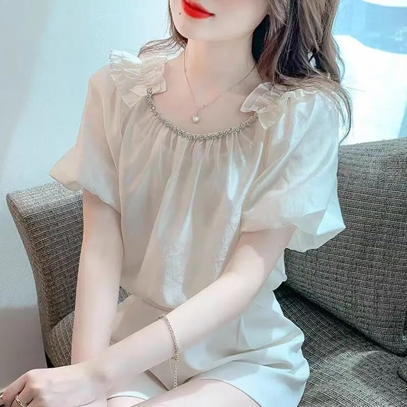 French Style Sweet Fashion New Summer Women\'s O-Neck Solid Diamonds Temperament Versatile Loose Short Sleeve Chiffon Shirt Tops