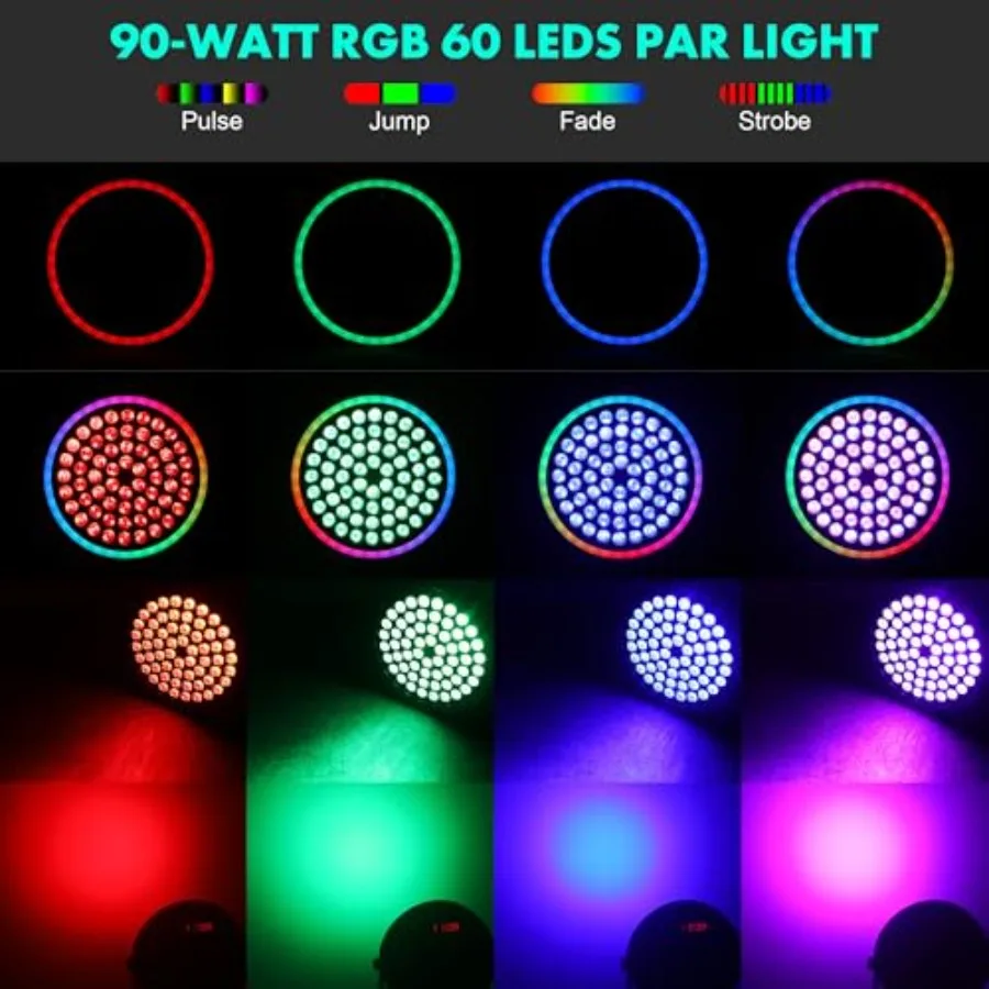 90W RGB Stage Par Lights with Ambient Light Strip - Dual Layer Halo Effect, DMX512 and Sound Activation, 60 LEDs Uplight for We