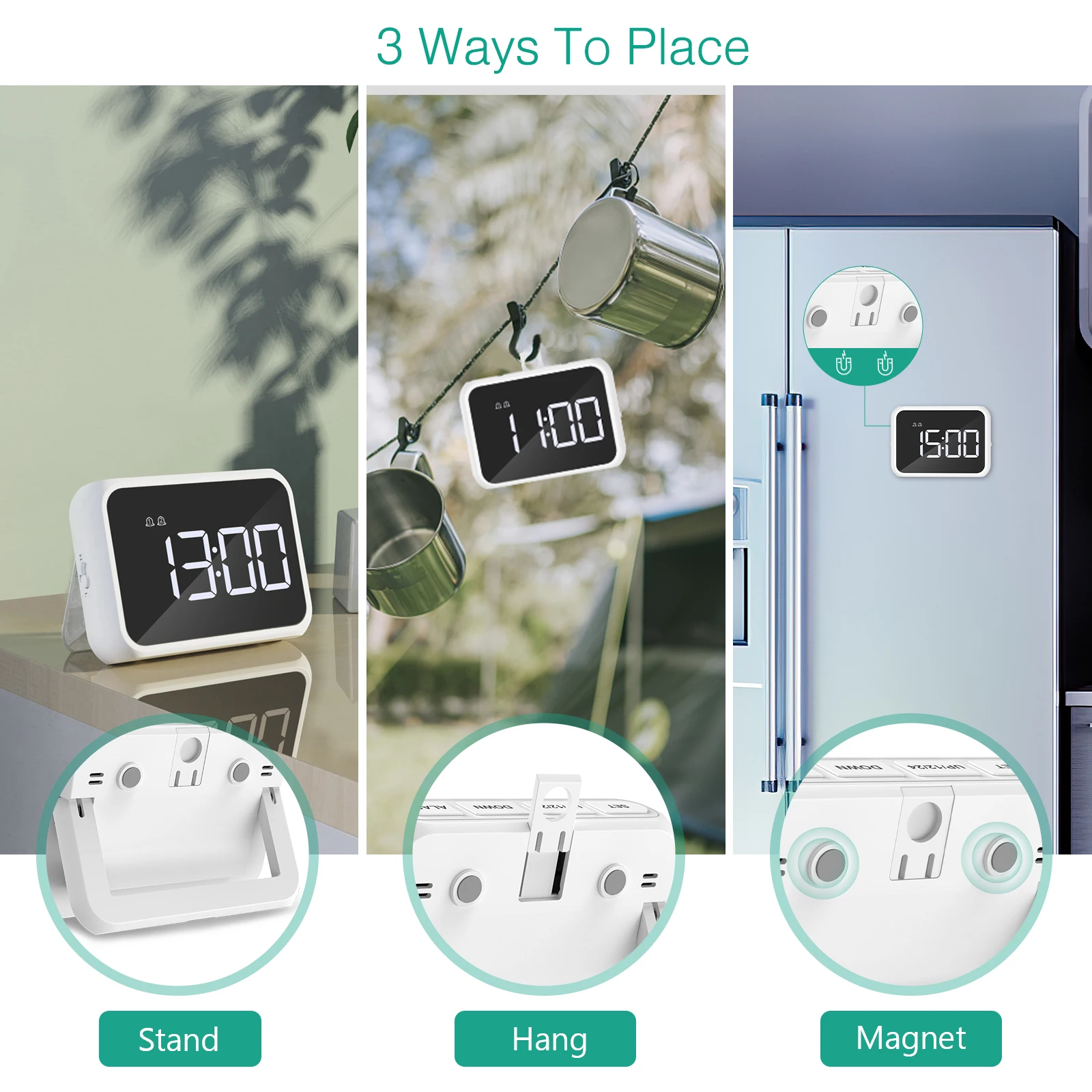 ORIA Reloj despertador LED con espejo USB – Alarma multifunción viaje - imagen 5