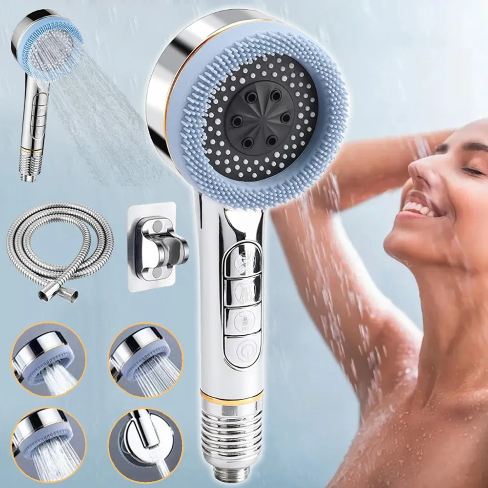 High Pressure Shower Head, Filter Shower Head with On/Off Switch, 4 Spray Modes Bathroom Shower Heads, with Stand for Home Bathroom Hotel