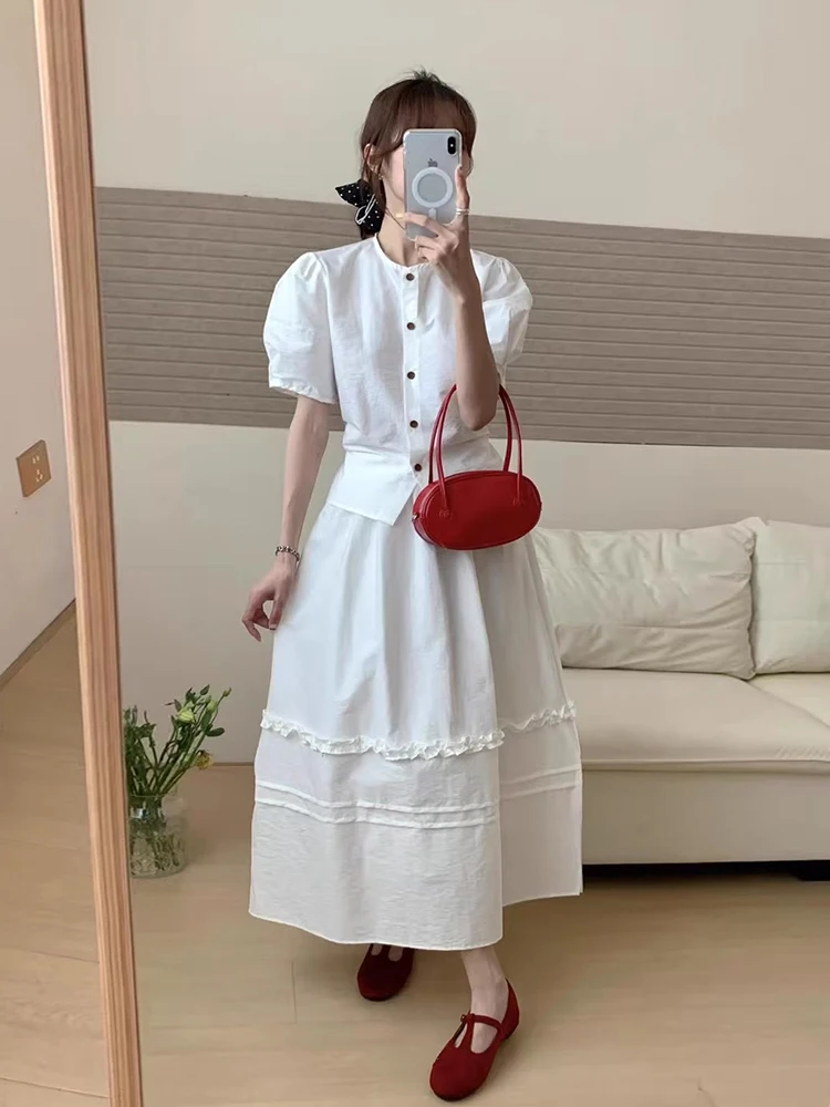 

Шикарный летний комплект: топ без рукавов и юбка с высокой талией, в стиле пэчворк, с деревянными пуговицами, во французском стиле, из хлопка, с круглым вырезом и пуговицами.