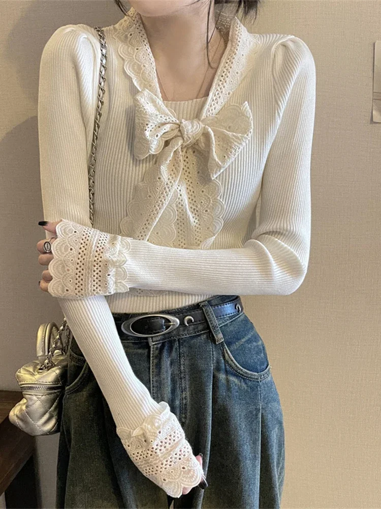 

MiiiiX Retro Bow Lace Patchwork Knitted Bottoming Shirt Women's Sweater Autumn Slim Versatile Knitwear Pullover Female Clothes