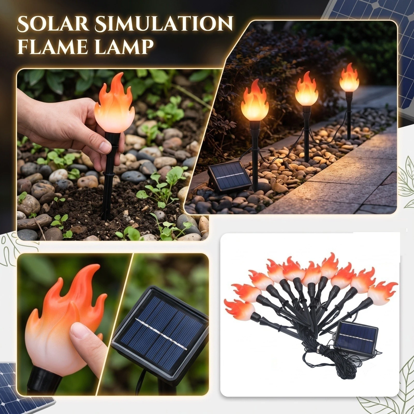 Solar-powered Flame Stake String Lights, 11m 20 LEDs, 8 Modes, Outdoor Garden Patio Decoration for Christmas, Halloween Decor