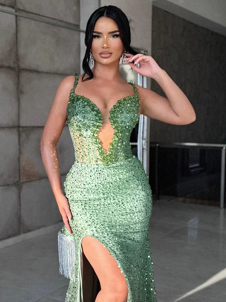 VC Lebhaftes grünes Meerjungfrauenkleid, ärmelloses Spaghettiträgerkleid mit V-Ausschnitt und hohem Schlitz für formelle Date-Nacht