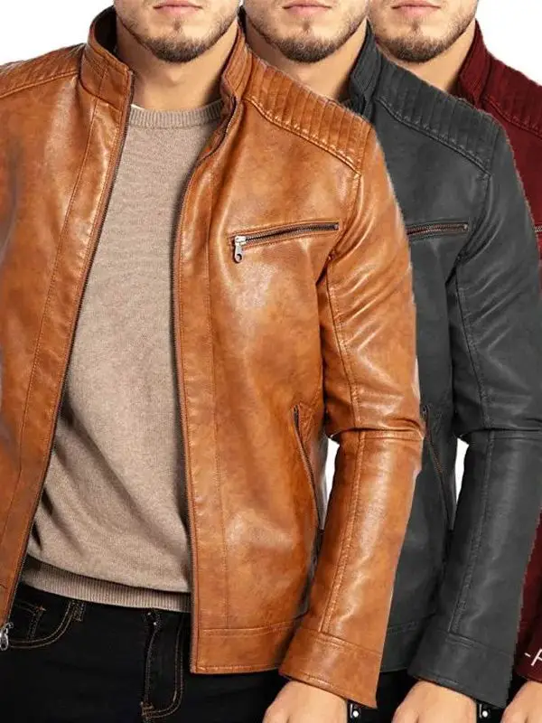 

Slim Fit Punk Leather Jaet Pure Color Men's Stand up Collar Biker Jaet Zipper Closure Faion Urban Sle Polyester Inner