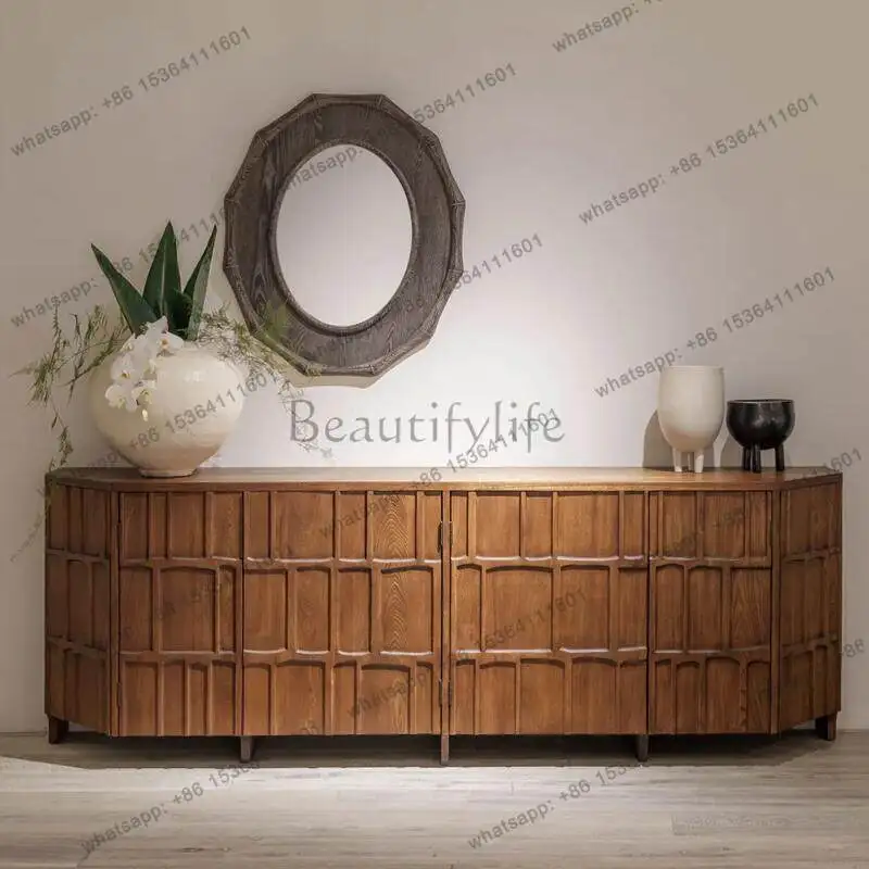 

Vintage medieval oak solid wood dining side cabinet Nordic TV decorative storage cabinet