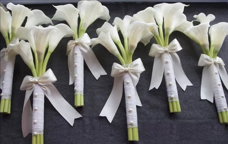 PEORCHID White Ivory Lace Ribbon Bridesmaid Bouquets Calla Lilies Wedding Flowers Customize Bridal Bouquets Real Touch 2025