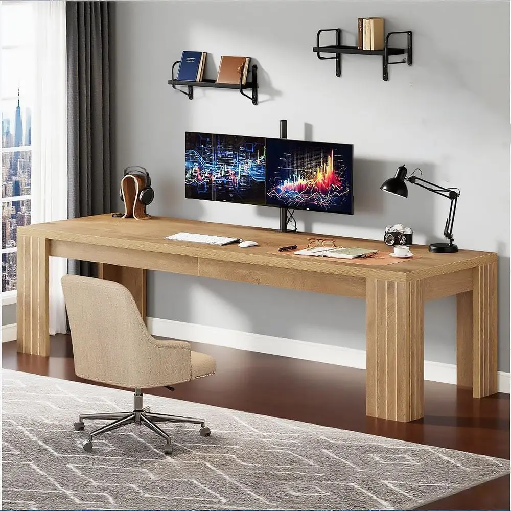 78.7 Extra Long Rustic Brown 2-Person Gaming & Home Office Desk with Armrests