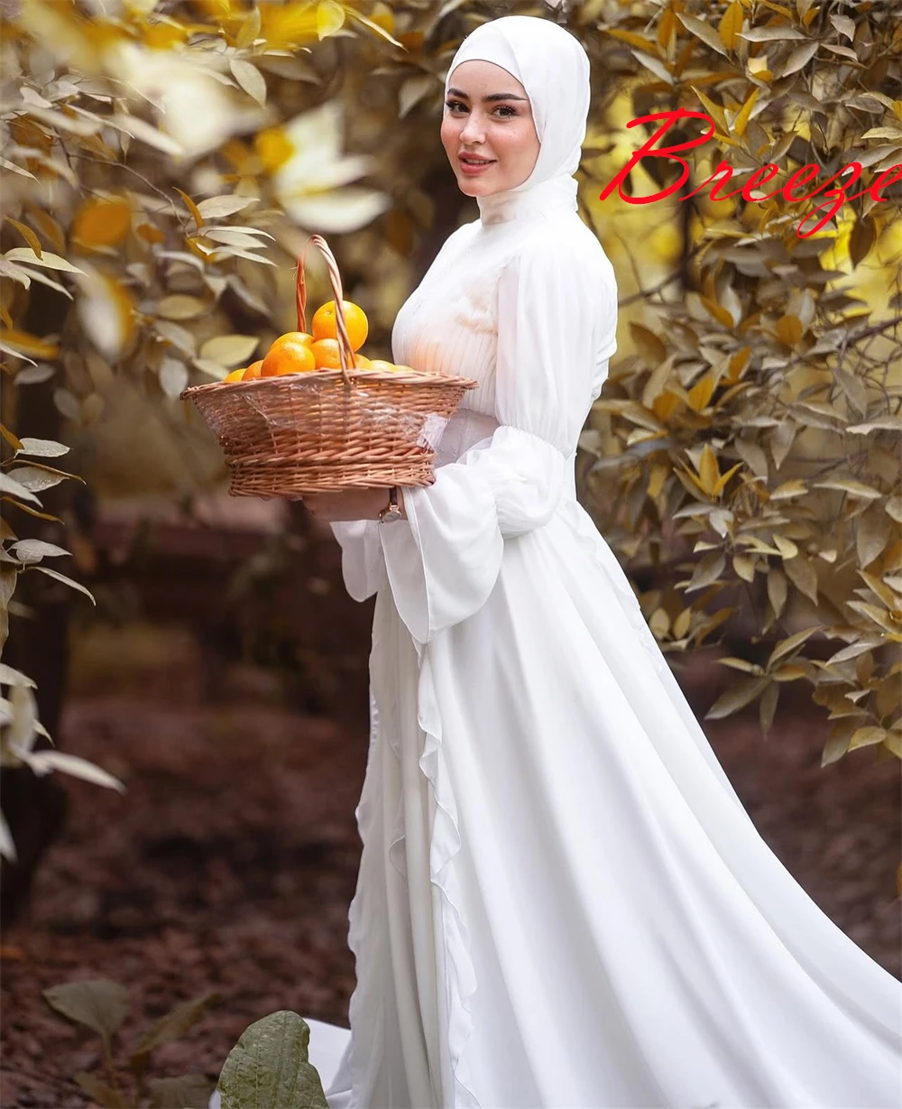 

Customized High Quality White Organza Wedding Dress Temperament High Neckl Long Sleeves Chapel Train A-Line Bridal Gowns