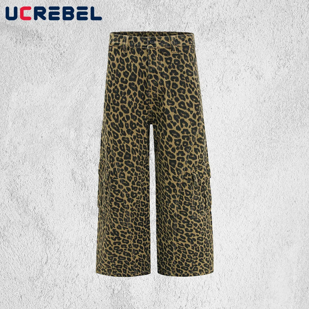 ليوبارد طباعة البضائع السراويل الرجال تقسم متعددة جيب الرجعية شارع العليا فضفاض مستقيم واسعة الساق بنطلون رجل #1