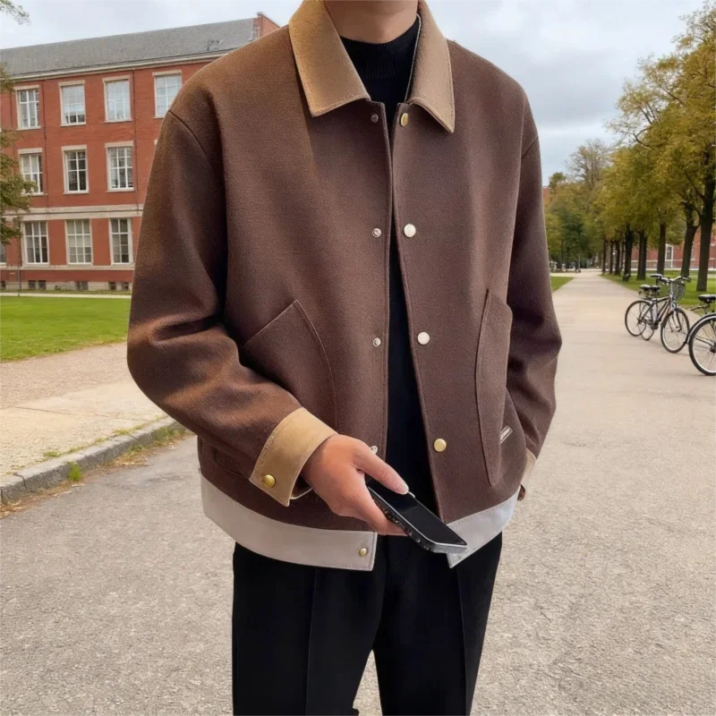 Men's Paneled Bomber Jacket with Contrast Collar - Zip-Pocket Design in Solid Color for Casual Autumn Wear