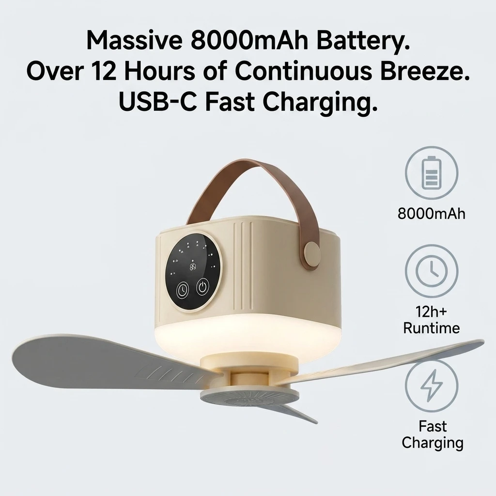 Portable Ceiling Fan with LED Light Remote 6000mAh Rechargeable Hanging Fan for Camping Tent Dorm Bed 12H+ Runtime