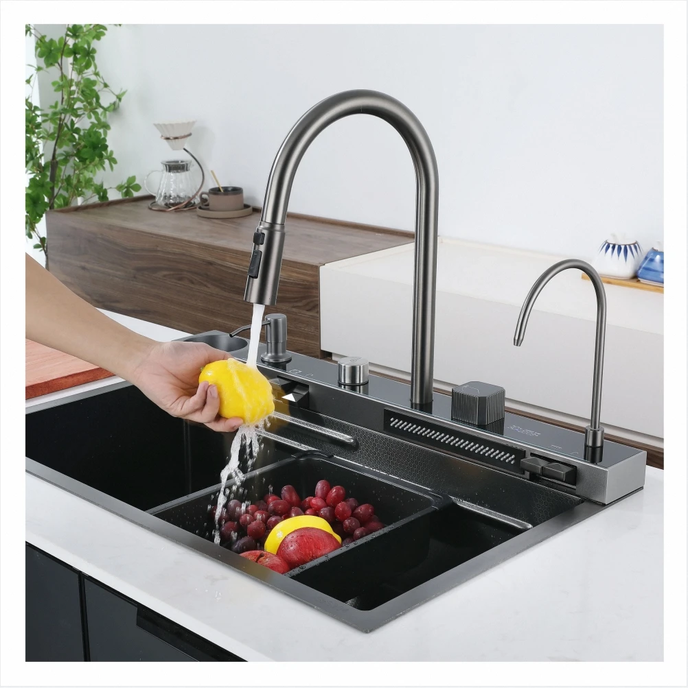 

Smart Single Bowl Kitchen Sink Stainless Steel With Dark Grey Nano Step Temperature Display Piano Key Waterfall Design