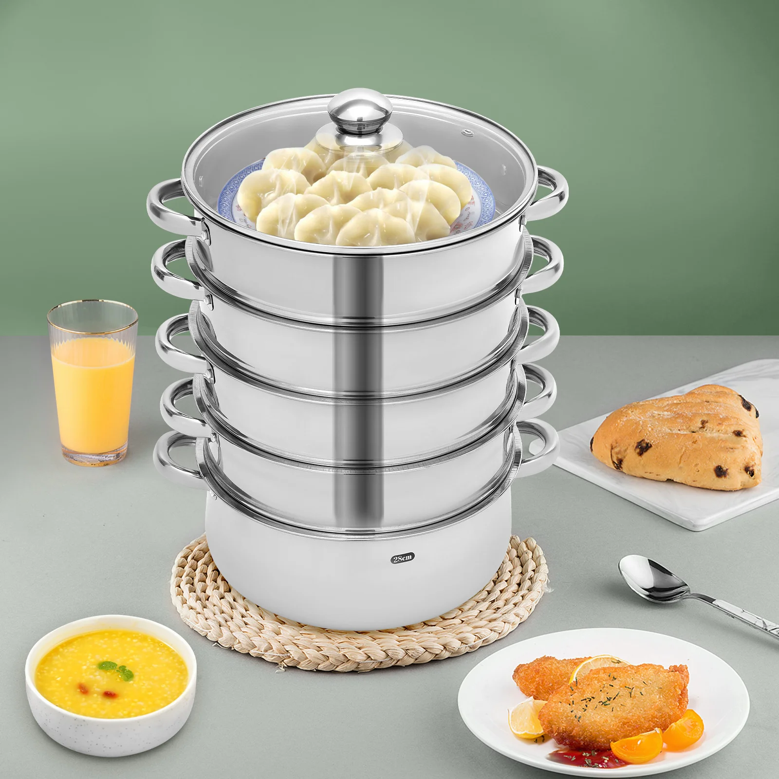 5 Tier Steam Cooker Steamer with Transparent Lid Stainless Steel Pan Cook Steamer Round Food Veg Pot Cookware for Kitchen Silver