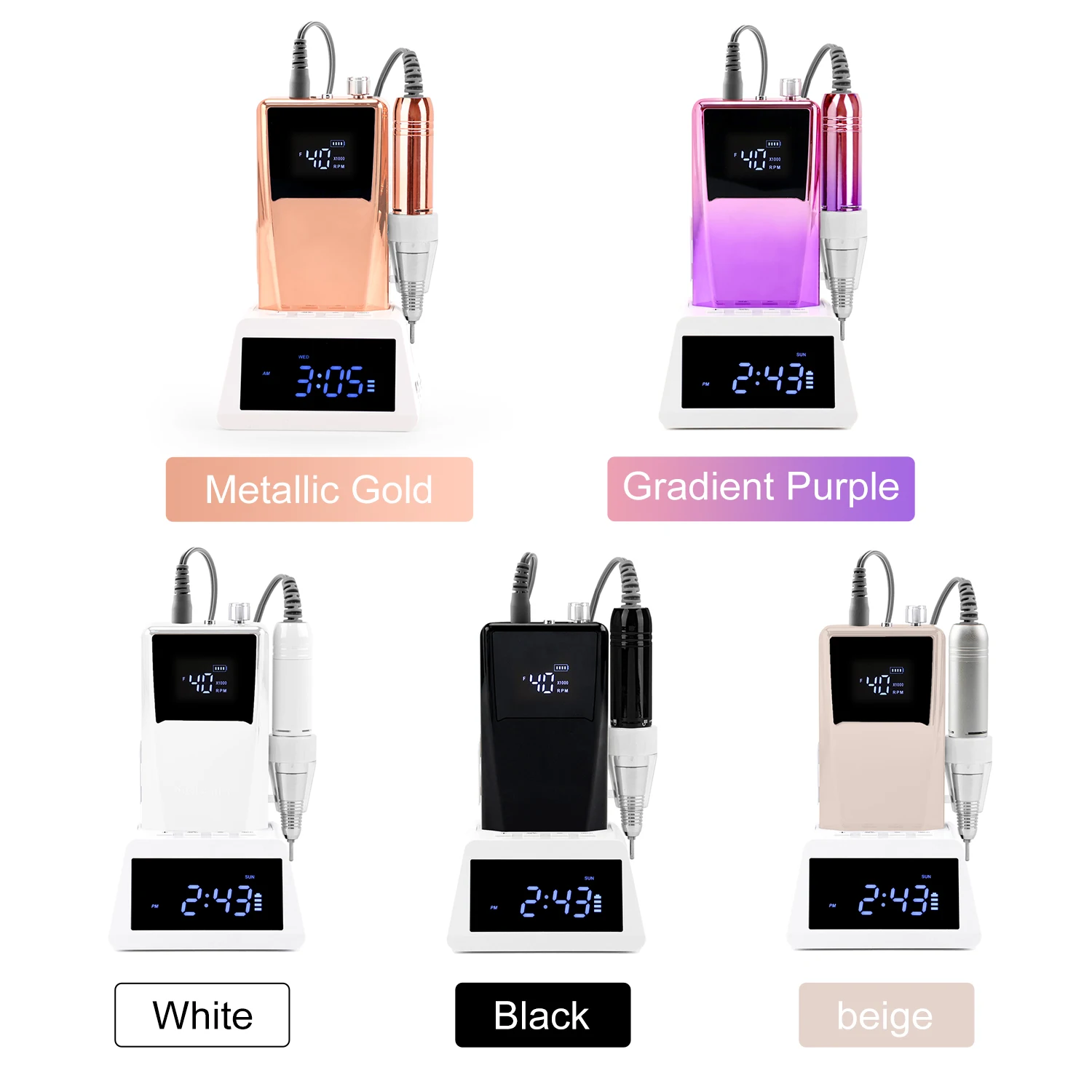Perceuse à ongles électrique à moteur sans noyau, 35000 tr/min, pour manucure et pédicure, batterie Rechargeable, grand écran avec Base de chargement