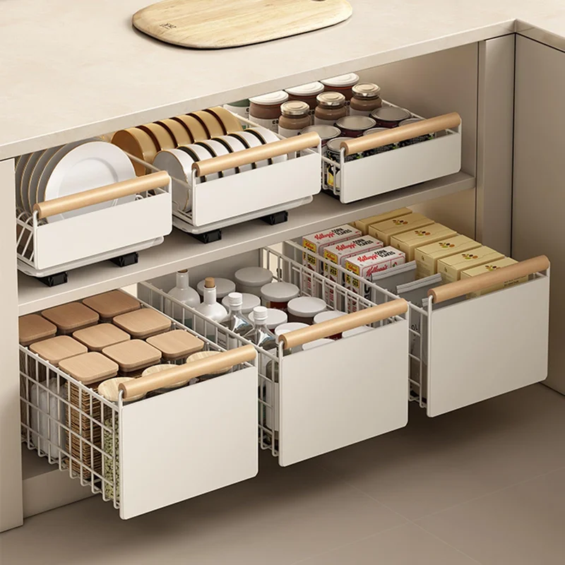 Under Sink Pull Out Organizer, 2-Tier Kitchen Cabinet Storage Rack, Multi-Function Spice and Pot Holder Drawer, Slide Out Shelf