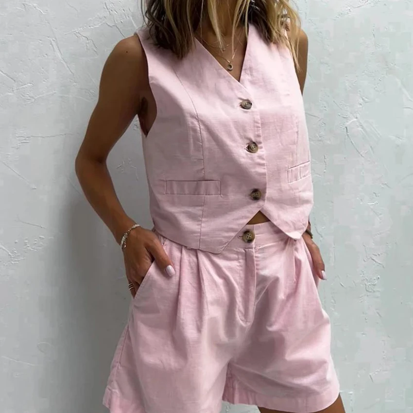 

Linad Office Single-Breasted Vest And High Waist Shorts Two Piece Sets Women 2025 Summer Street Chic Sleeveless Tank Top Suits
