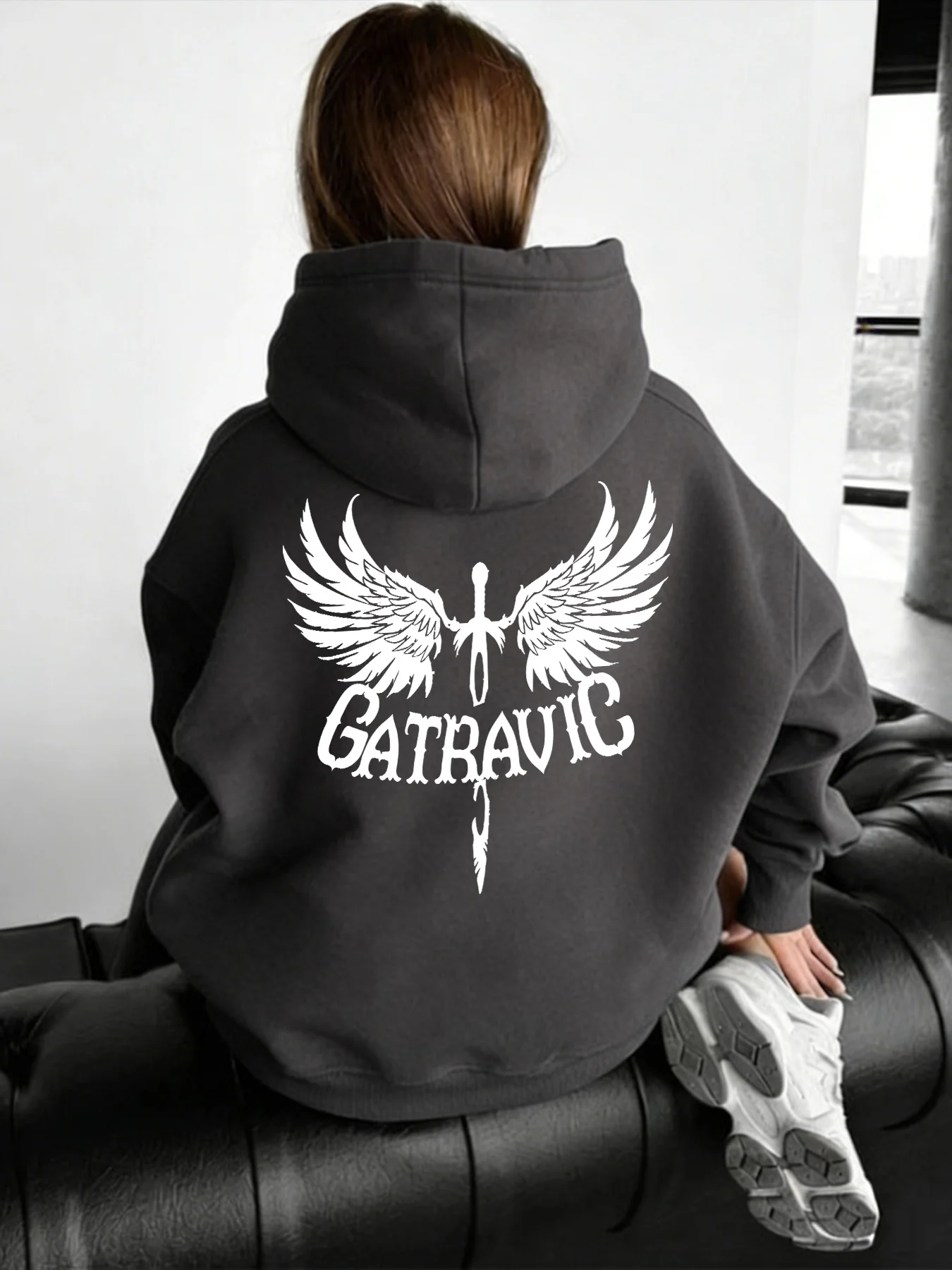 Gothic style long sword wing pattern printed hoodie, high street loose hoodie, autumn and winter new item, unisex