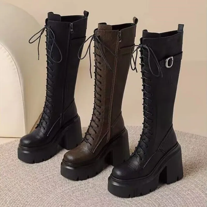 2026 Women's Long Boots High Heels Coarse Following Women Platform Front Lace Up Round Toe Belt Buckle Knight Boots Botas Mujer