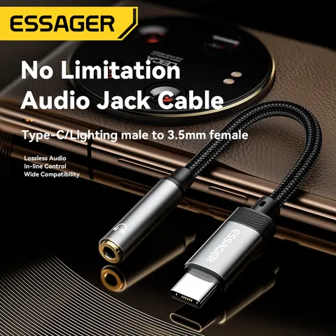 Essager Lightning till 3,5 mm-jack ljudadapter hörlurar Aux-kabel USB Typ C till 3,5 mm-adapter OTG Typ C för iPhone Xiaomi OnePlus 10 best sales USB till ljuduttag - №3
