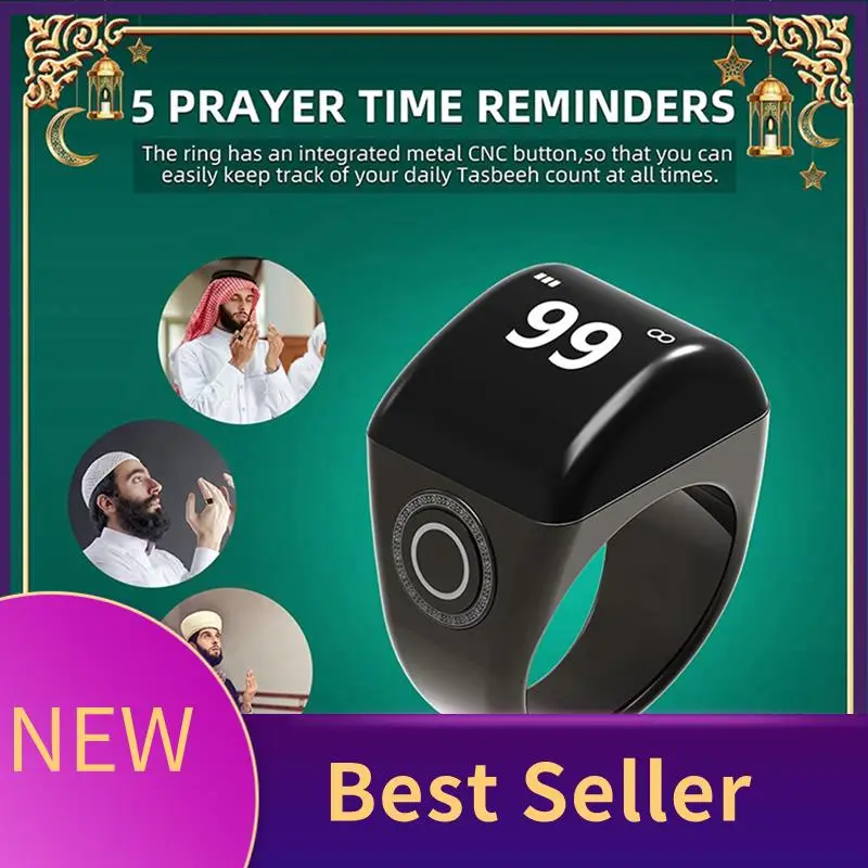 

HFES Zinc Alloy Smart Ring With Charging Box Waterproof Digital Counter APP Controlled Display 5 Prayer Time Reminders Silver,20