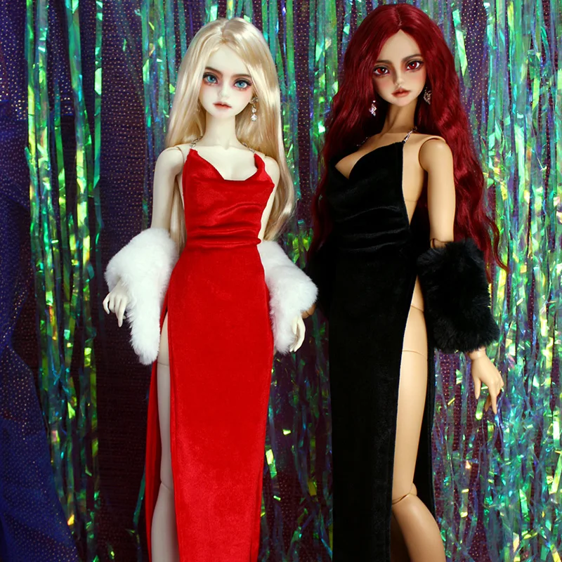 [High Quality] 1/3 1/4 Red Black Sling Deep-V Neck High Slit Evening Dress with Fur Shawl Brooch for BJD DD Action Figure Dolls