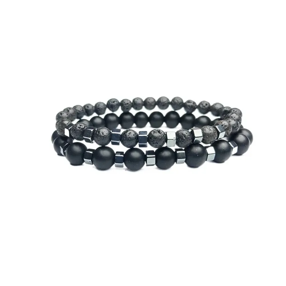 New In Frosted Black Bead Volcanic Stone Men’s Bracelet Set Double Layer Nature Stone Beaded Bracelets Gifts image 5