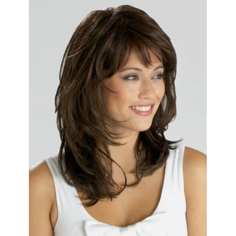 

Женские натуральные повседневные средние волнистые многослойные парики без шапочки-основы из синтетических волос