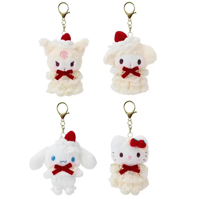 12CM Anime Hello Kitty My Melody Cinnamoroll Kuromi Dress Up Aardbei Taart Rok Serie Pluche Pop Sleutelhanger Kawaii Hanger