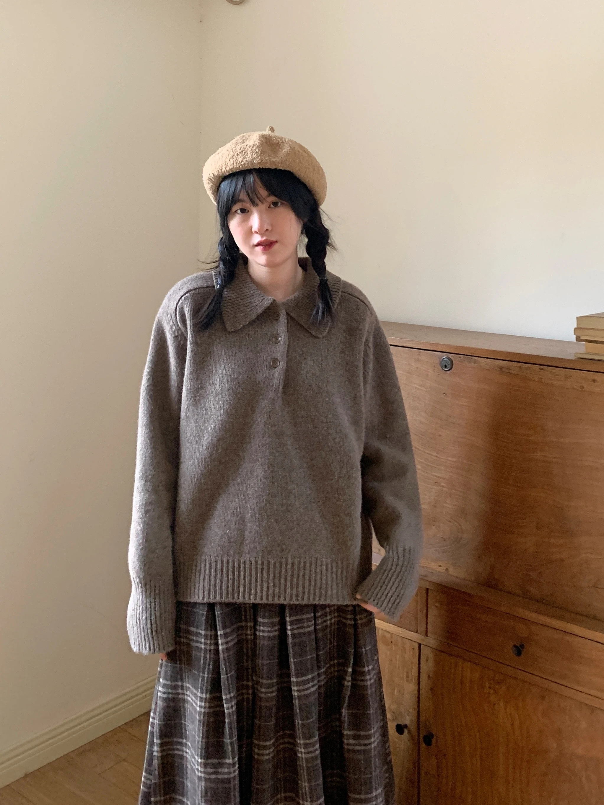 

Теплый вязаный свитер из 100% шерсти в стиле ретро с воротником, универсальный, в японском стиле, женский, утолщенный, с длинными рукавами, зимний свитер