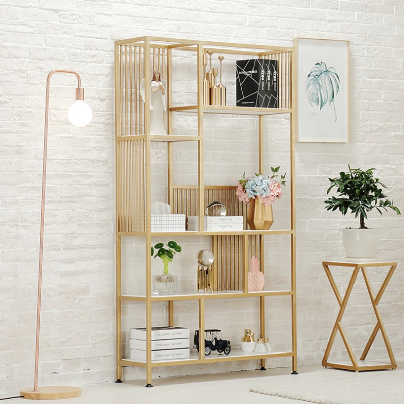 Golden wrought iron shelves, simple solid wood living room, multi-layer floor-to-ceiling decoration, display