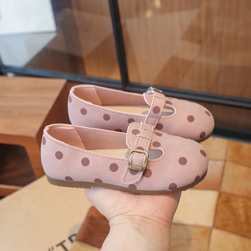 Simple Girls Leather Shoes Polka Dots Anti Slip Soft Sole Round Toe Spring Autumn Outdoor Pink/khaki Suede Casual Leather Shoes