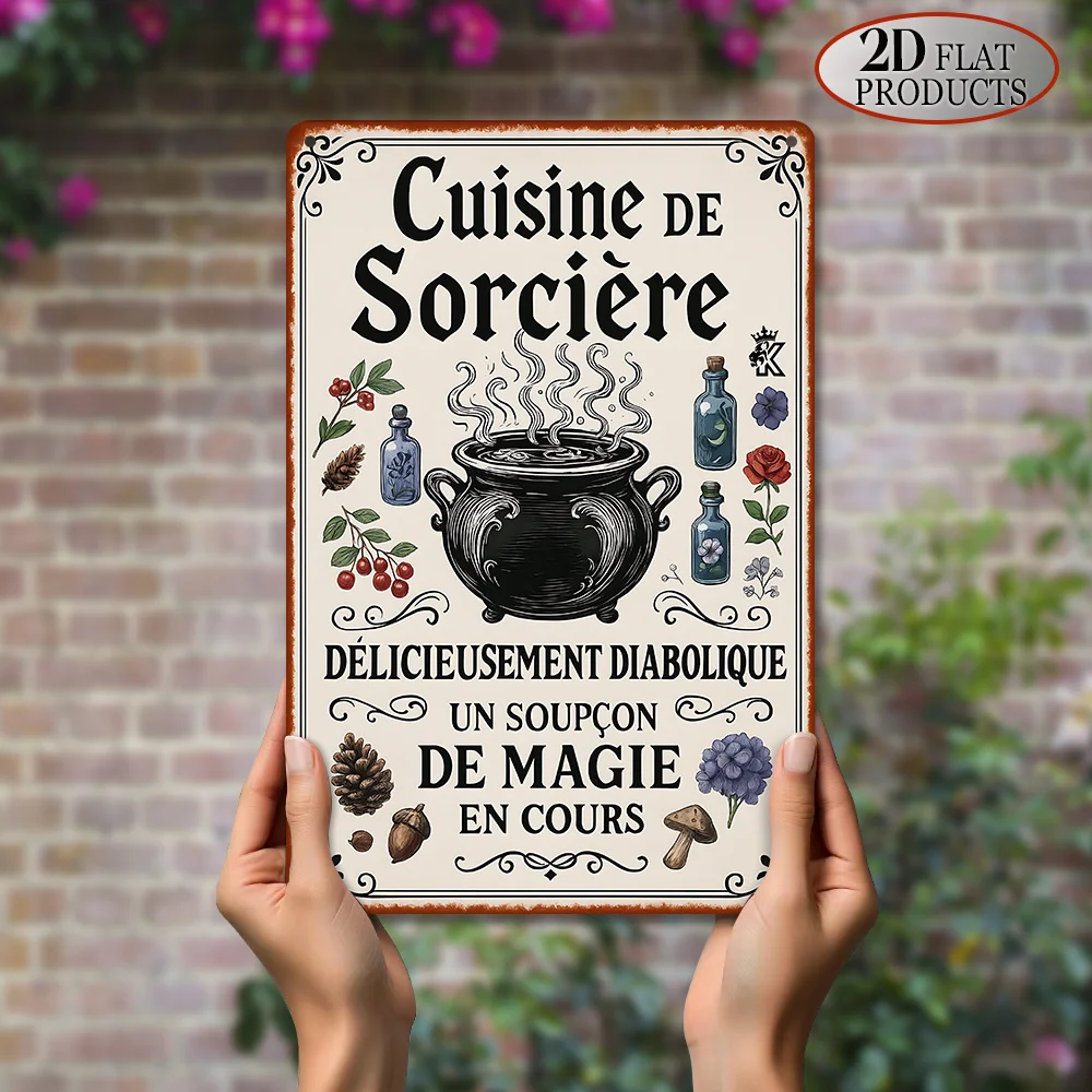 2D Flat, 1 Piece Vintage Gothic Witch Kitchen Metal Tin Sign - French Cooking Magic Poster (7.9X 11.9inch /20X 30cm) - Halloween Decoration, Cafe, Home Kitchen Decor - Gift for Those Who Love Witchcraft and Mysticism - No Electricity Needed, Easy to Hang, Witch-Themed Decor, Fantasy Recipe Design, Durable Wall Art, Cafe Decoration, Vintage Design, Country Style