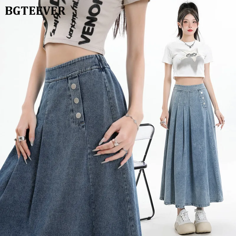 

BGTEEVER Casual Loose Buttons Female A-line Denim Skirts Spring Summer Elastic Waist Ladies Midi Jeans Skirts