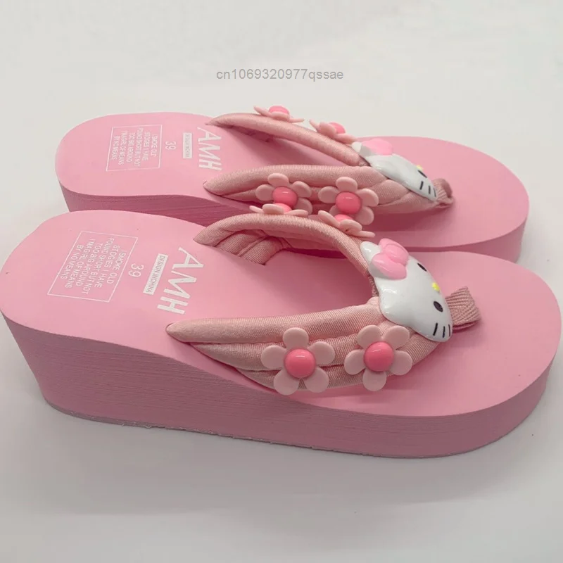 Sanrio Hello Kitty Summer Pink Wedges Flip Flops for Women Y2k Sweet Thick Bottom Anti-slip Slippers Casual Holiday Beach Shoes