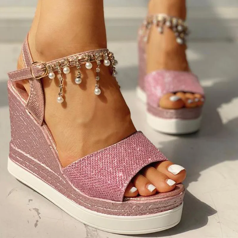 2023 New Women Wedge Sandals Summer Bead Studded Detail Platform Sandals Buckle Strap Peep Toe Thick Bottom Casual Shoes Ladies