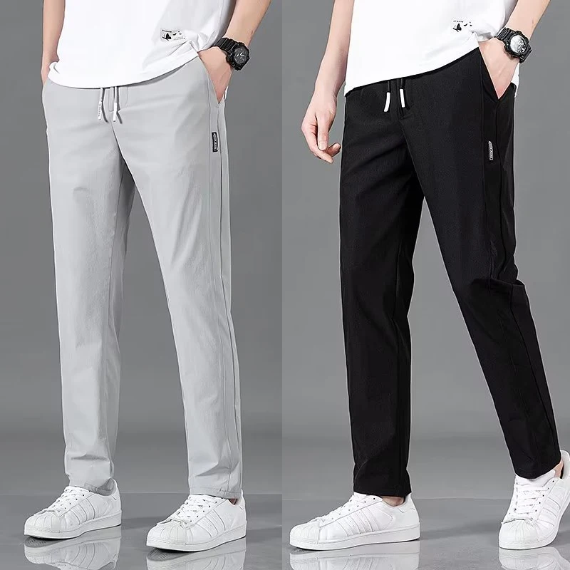 Men's Ice Silk Casual Trousers Summer Quick-Drying Gym Sports Pants Thin Solid Color Fashion Pocket Casual Straight Pantalon