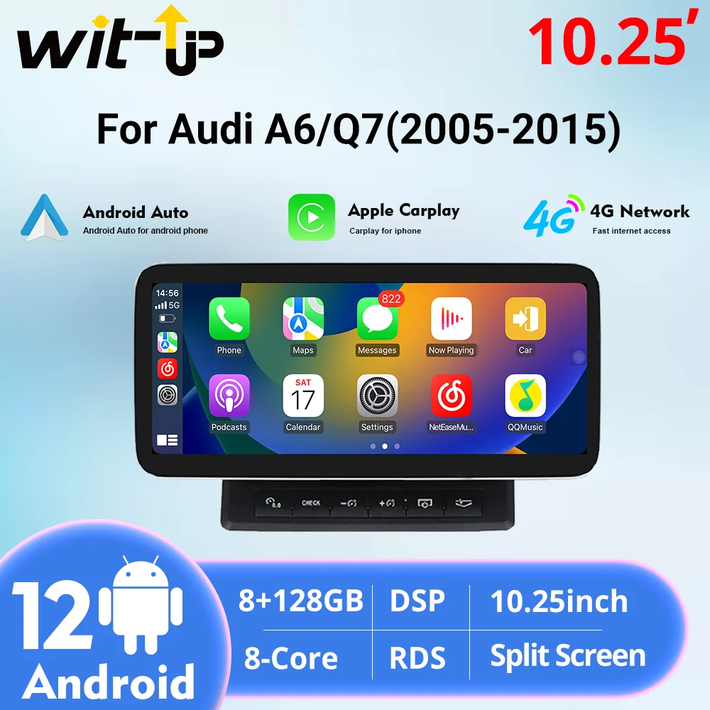 

Wit-Up Android 13 Car Multimedia Stereo 10.25' Touch Screen GPS Navigation Radio Player with Carplay for Audi A6 C6 Q7 4L