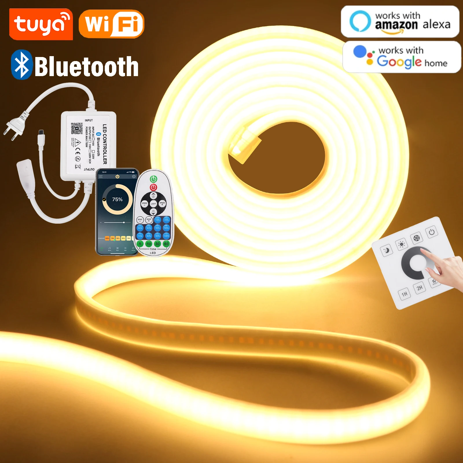 

Tuya WIFI Bluetooth Dimmable COB LED Strip 220V High Bright 288 LEDs/m RA90 Flexible Outdoor Lamp Waterproof Neon Tape Ribbon