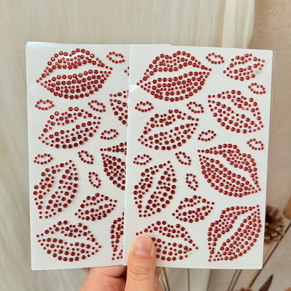 2Sheets 3D Valentine's Lips Gems Face Tattoo Stickers Sexy Kiss Print Rhinestones Temporary Tattoos for Party Makeup Body Decals