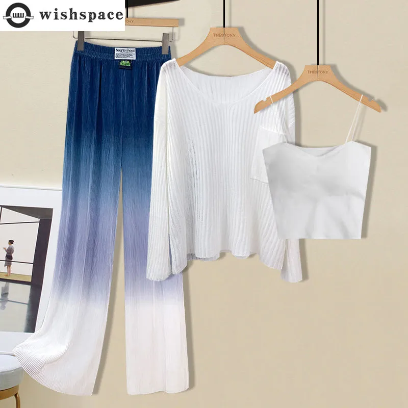 

2023 New Fade Wide Leg Pants Sunscreen Long-sleeved T-shirt White Sling Three-piece Elegant Women's Pants Set Summer Outfits