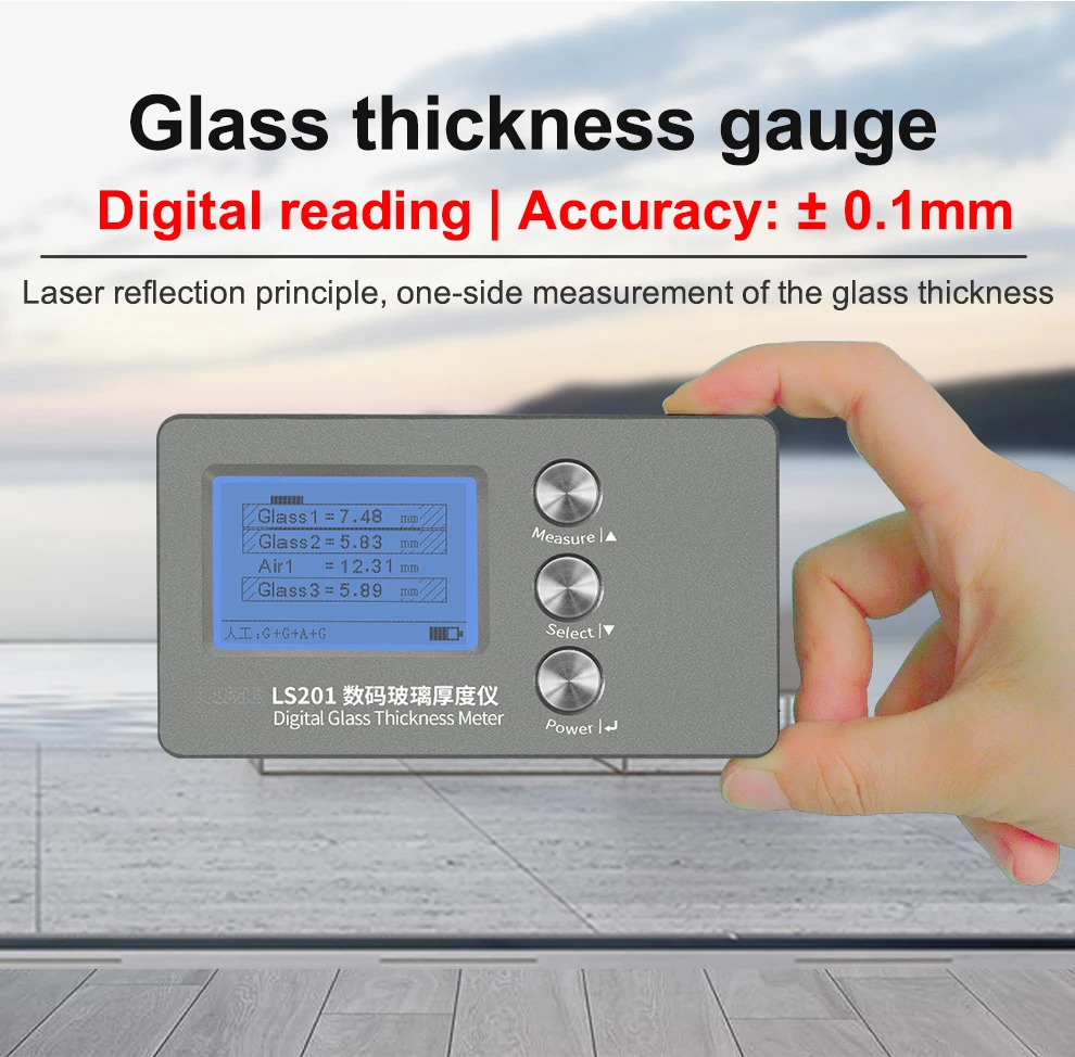 LS201 Digital Glass Thickness Meter Accurate Minus Plus 0.1mm for Measuring Tempered Triple Glazing Insulating Windows Doors