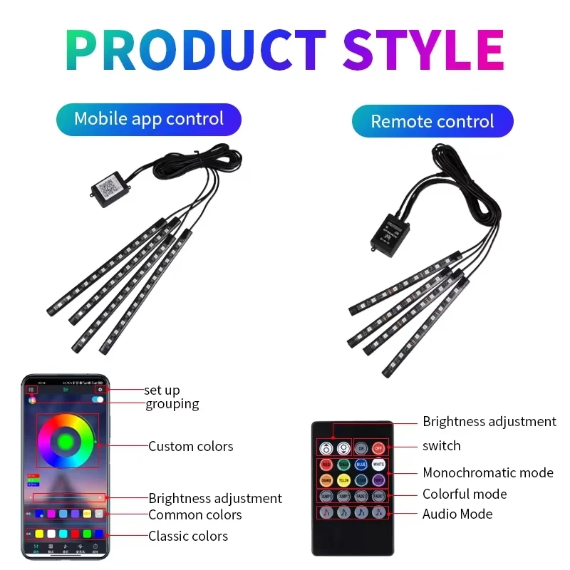 RGB Backlight Remote App Music Control Auto Decorative Lamp Neon LED Car Interior Ambient Foot Strip Light Kit Accessories