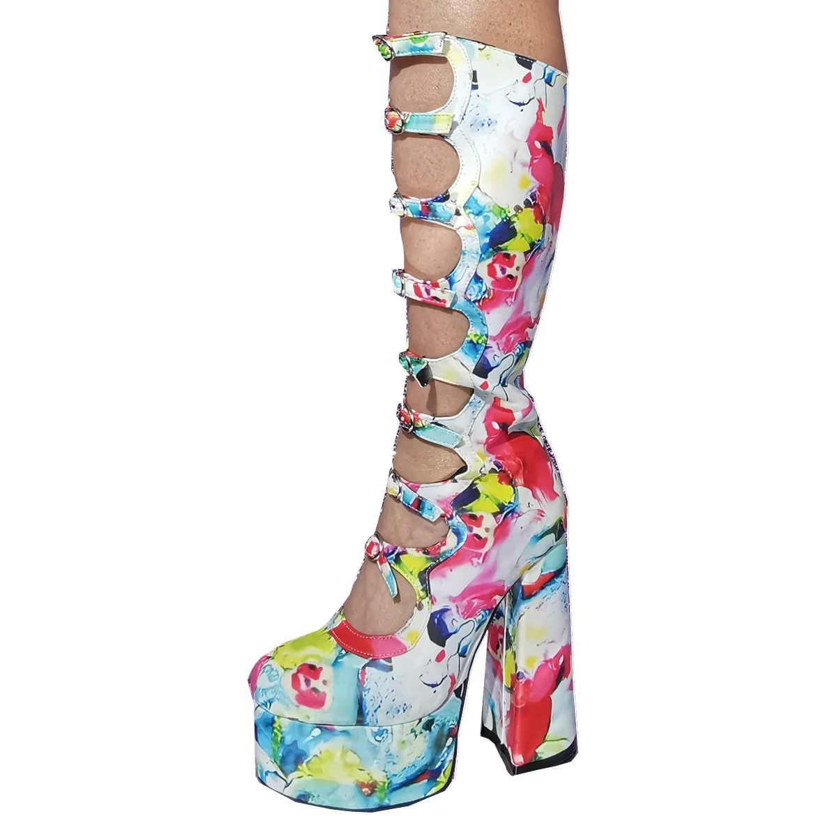 

Thick Sole Print Graffiti design Hollow Calf Boots Buckle Rough Square Heel Pole Dance Super Heel Sexy Boots Size 46 47 Footwear