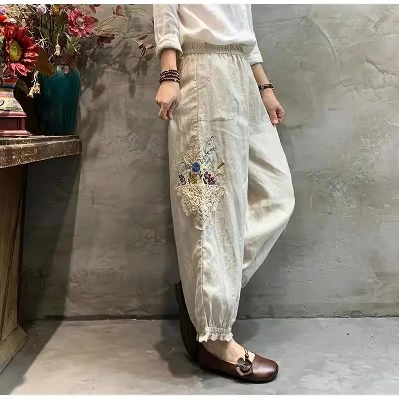 

Spring And Summer 2023 Harajuku Embroidery lace Casual Pants Women Loose Cotton linen Elastic Waist Harem Pants Ladies Vintage