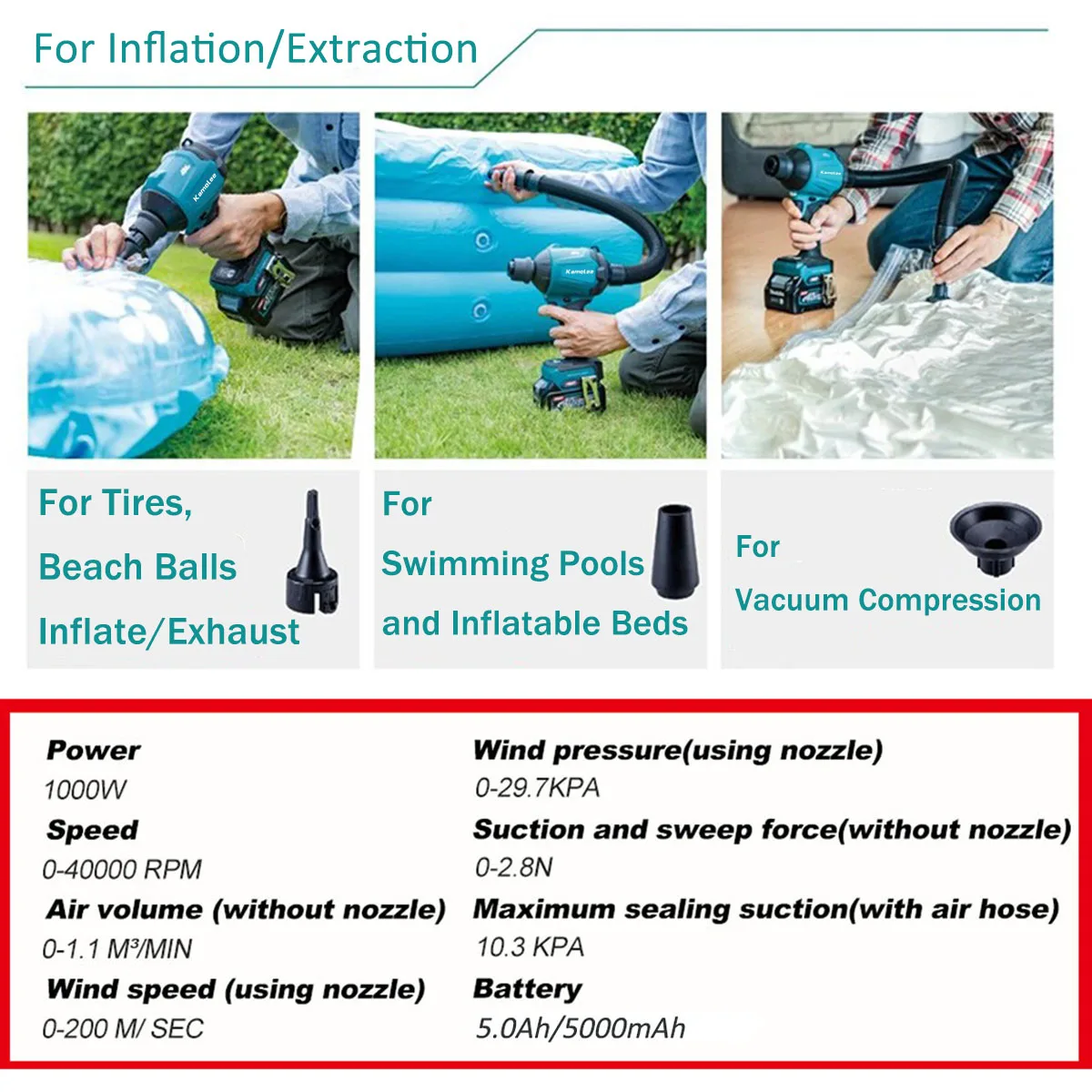 Imagem -04 - Kamolee-ventilador de ar sem Fio 40500rpm Ventilador de pó Inflador de Vácuo Multifunções Ventilador Recarregável Makita 18v Bateria
