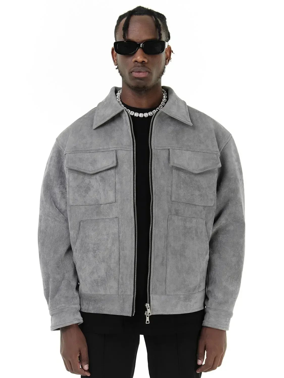 

Vintage High Street Suede Material Crock Jacket With Zipper Lapel Casual Short Jacket For Men