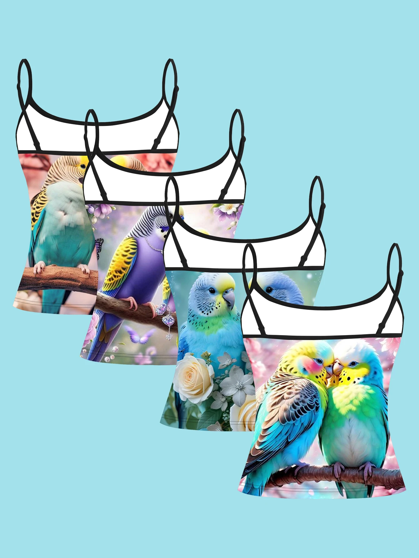 4-Piece Set of Macaron-Colored Couple's Parakeet Suspenders Set, Floral Bird Print Women's Spaghetti Strap Inner Top