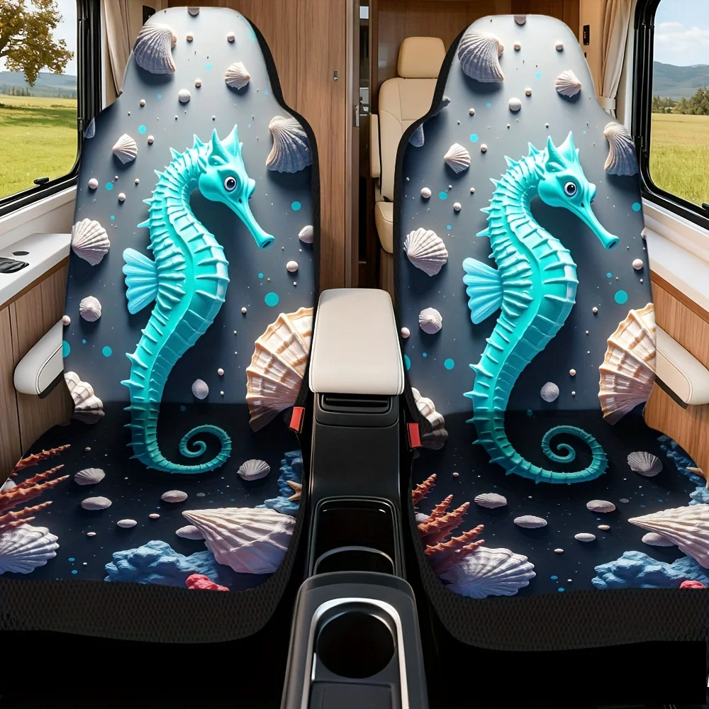 2pcs, Watercolor Seahorse Shell Starfish Coral Print Car Seat Cover Set, Suitable For Most Cars, Fashionable Unique Decorative F