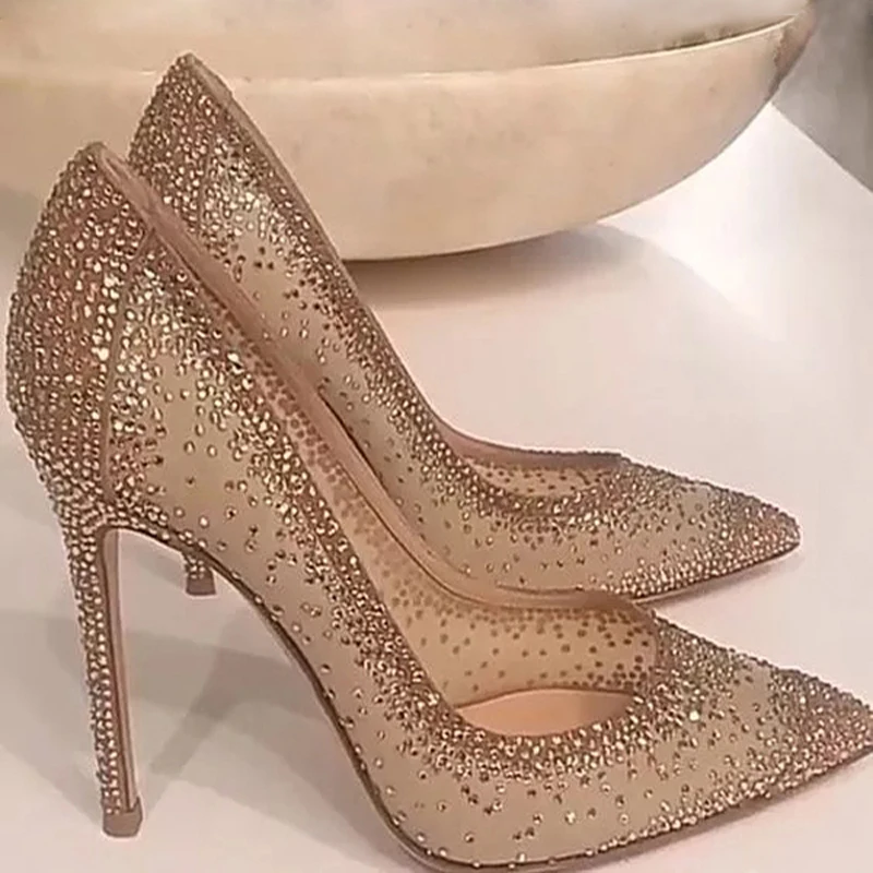 

Sexy Mesh Rhinestone Patchwork High Heel Shoes Champagne Glittering Heels Pumps Bling Bling Crystal Wedding Dress Shoes Bride